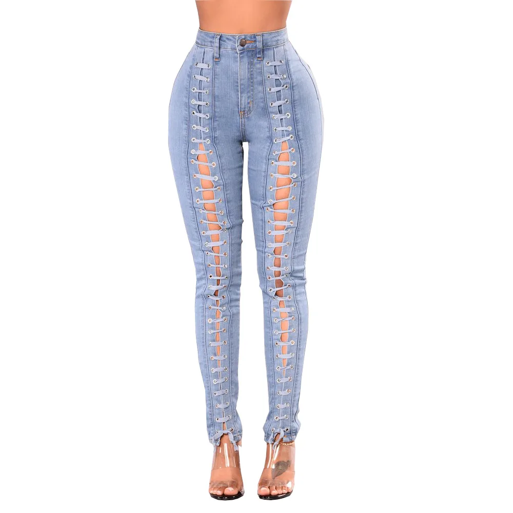 

Womens Hot Sell Distressed Ripped Hole Bandage Stretch Skinny Long Denim Pants Jeans