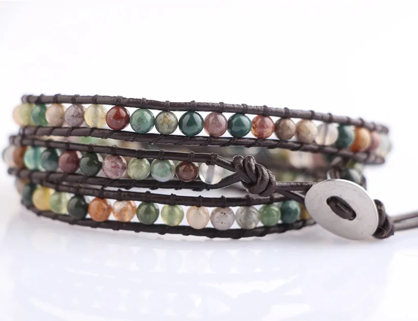 

Fashion European style leather wrap bead bracelet Handcraft gemstone bead bracelet