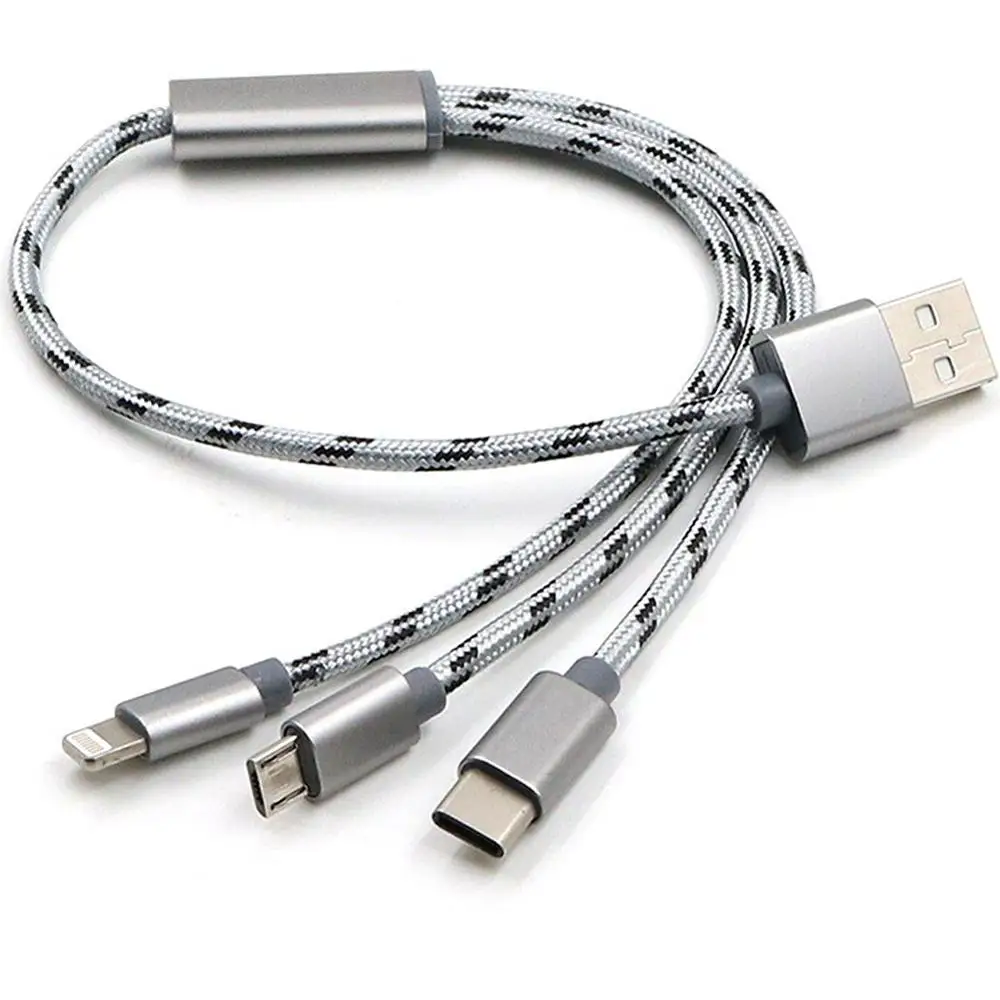 

nylon braided mobile phone charger 3 in 1 type c micro usb light-ning/8pin data charging usb cable, Black&gray