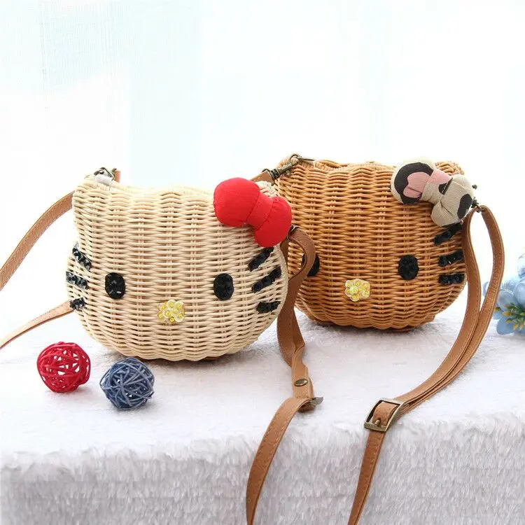 

handbags for women Cute kitty straw beach bag handmade summer bag