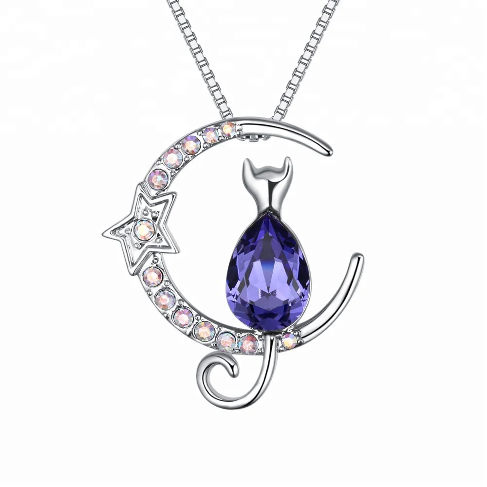 

Cat moon designer Platinum jewelry fashion crystal necklace pendant for women