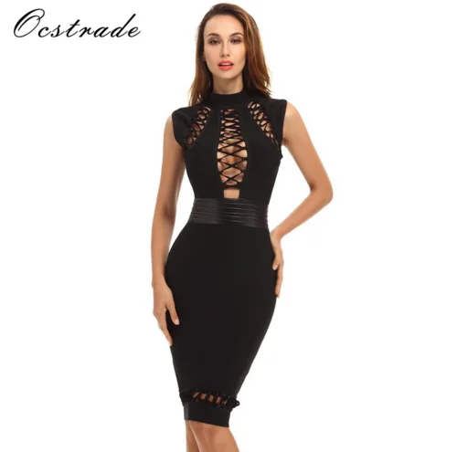 

Ocstrade Wholesale 2018 Sexy Party Dress Lace-up Hollow Out Black Bandage Bodycon Dress