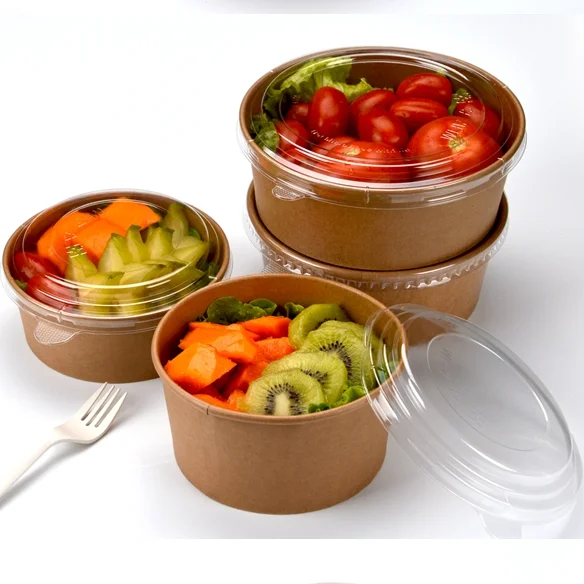 44oz Popular Brown Kraft Disposable Paper Salad Bowls With Clear Pet ...