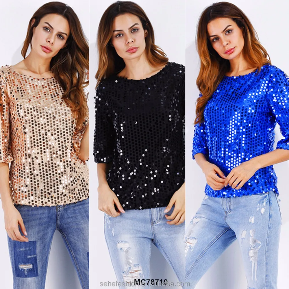 

autumn 3/4 sleeve sequin fashion woman blouses and tops