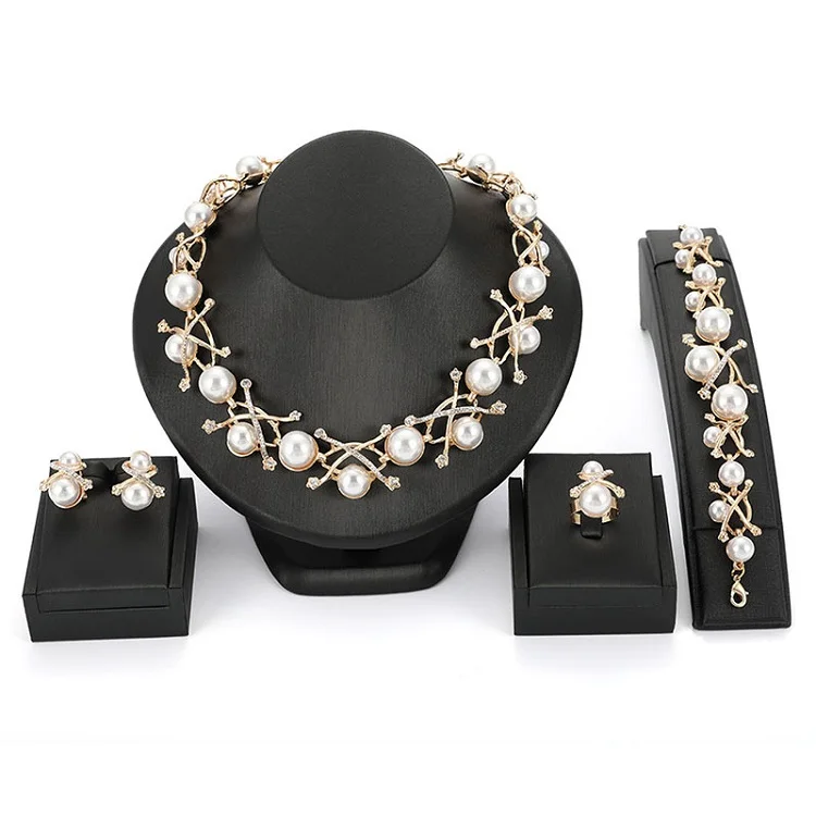 

Women African Fashion Jewelry Sets Bracelet Luxury Saudi Gold Plated Dubai Crystal Big Pearl Wedding Gift Bridal Jewelry Set, As show