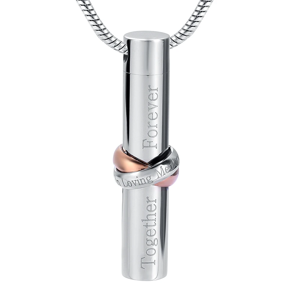 

IJD9944 "In Loving Memory" Charm with "Together Forever" Cylinder Cremation Urn ash Jewelry Memorial Necklace, Silver, gold, pink, black