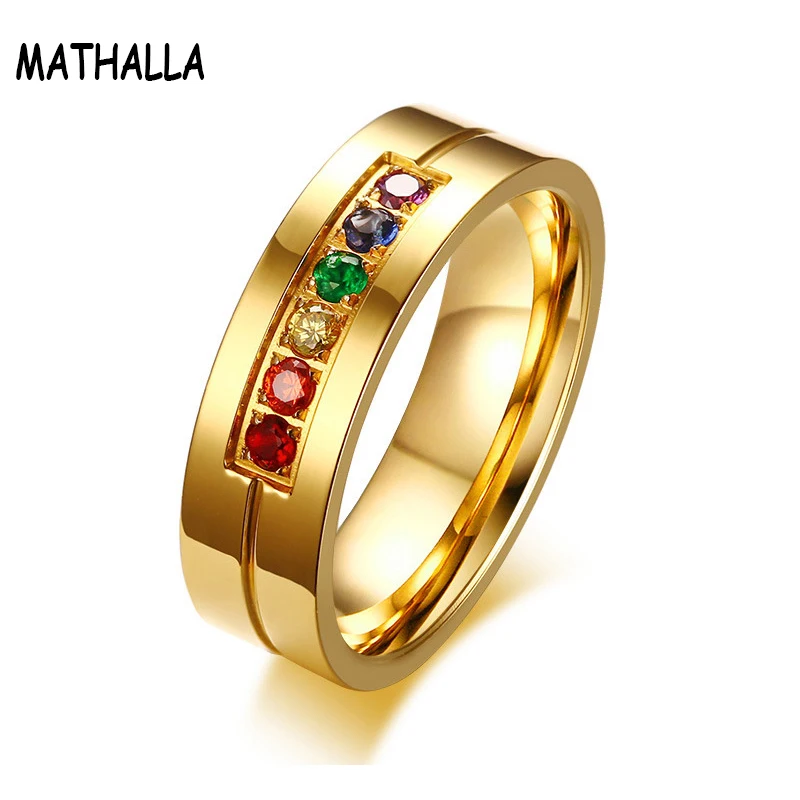 

New Stainless Steel Jewelry Rainbow AAA CZ Stone Gay Lesbian Ring Gold Ring Anillo Designs for Men