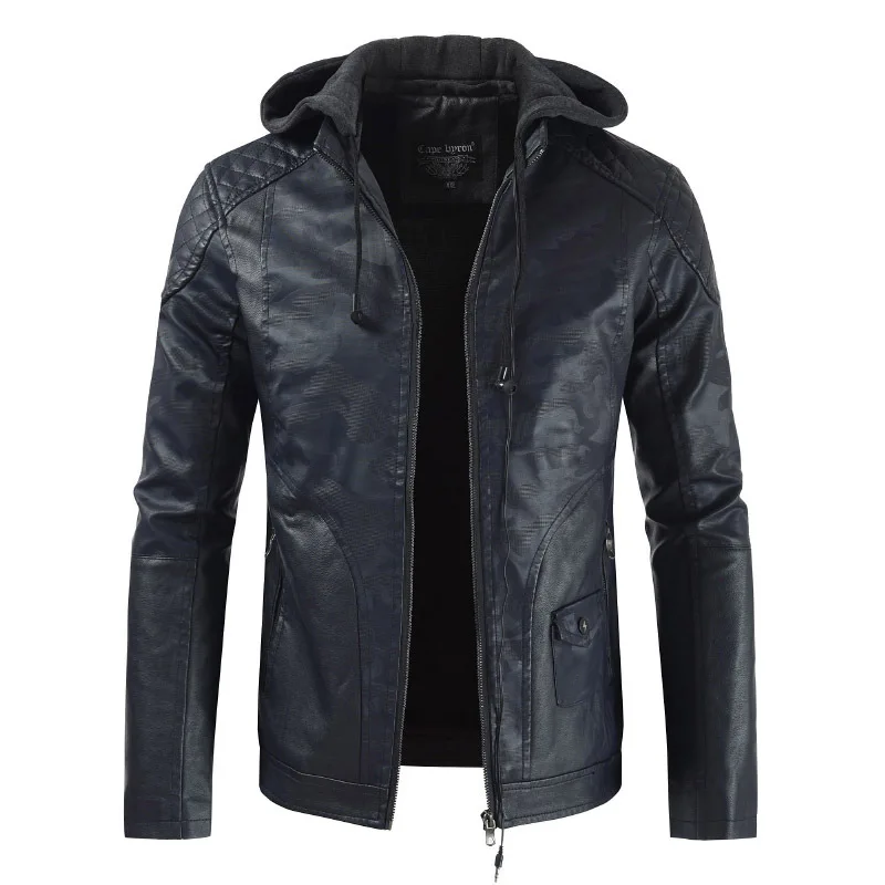 

mans Winter jacket black Hooded CapLatest Design Men Moto Pu Leather Wind Proof Long Sleeve Black Jacket