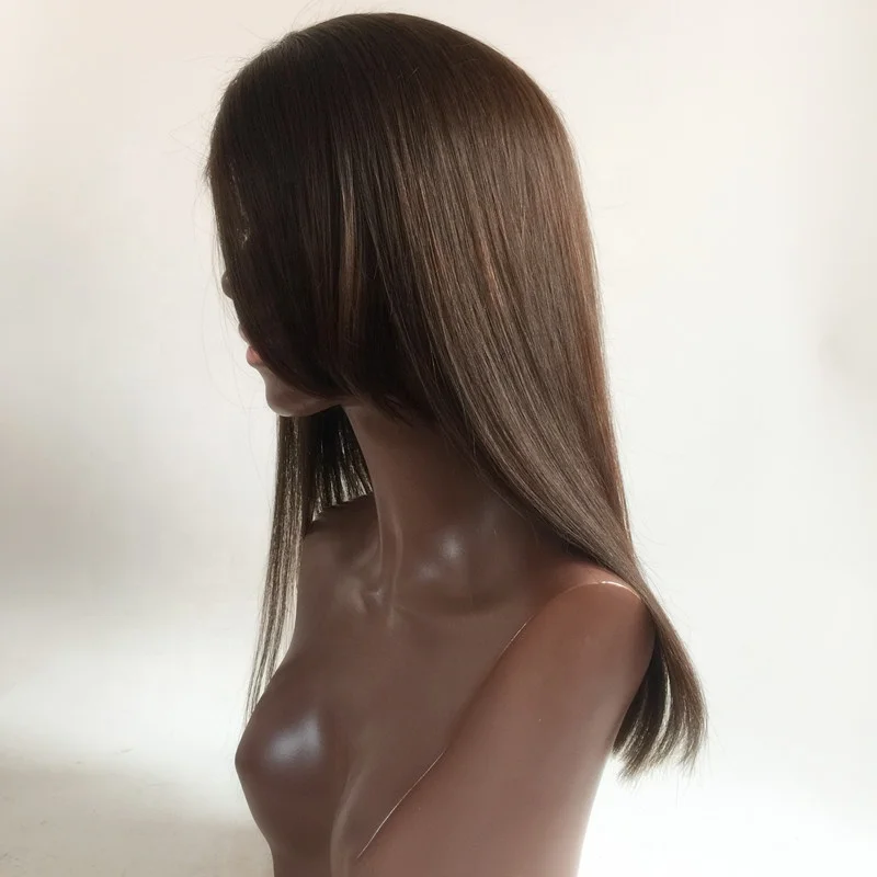 

wholesale long bob cut human hair lace brown wig side part long bang 100% human hair bob lace wig brown