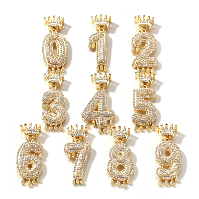 Wholesale 0-9 Custom Crown Bail Drip Initials Bubble Number cubic zirconia necklace jewelry