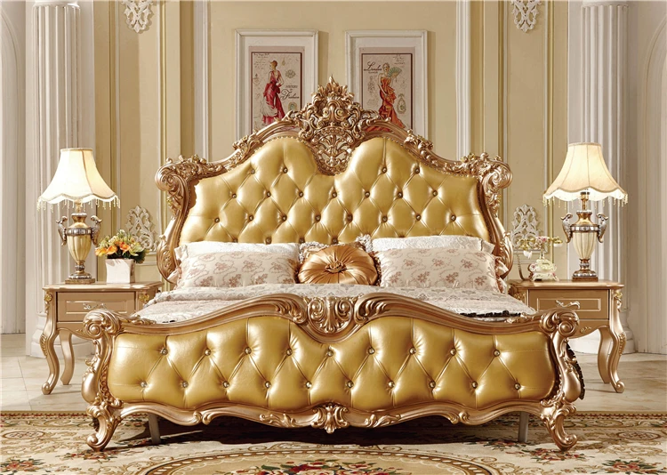 Puro,Mano Tallada,De Madera Camas De Oro De La Cama De Color Con Blanco