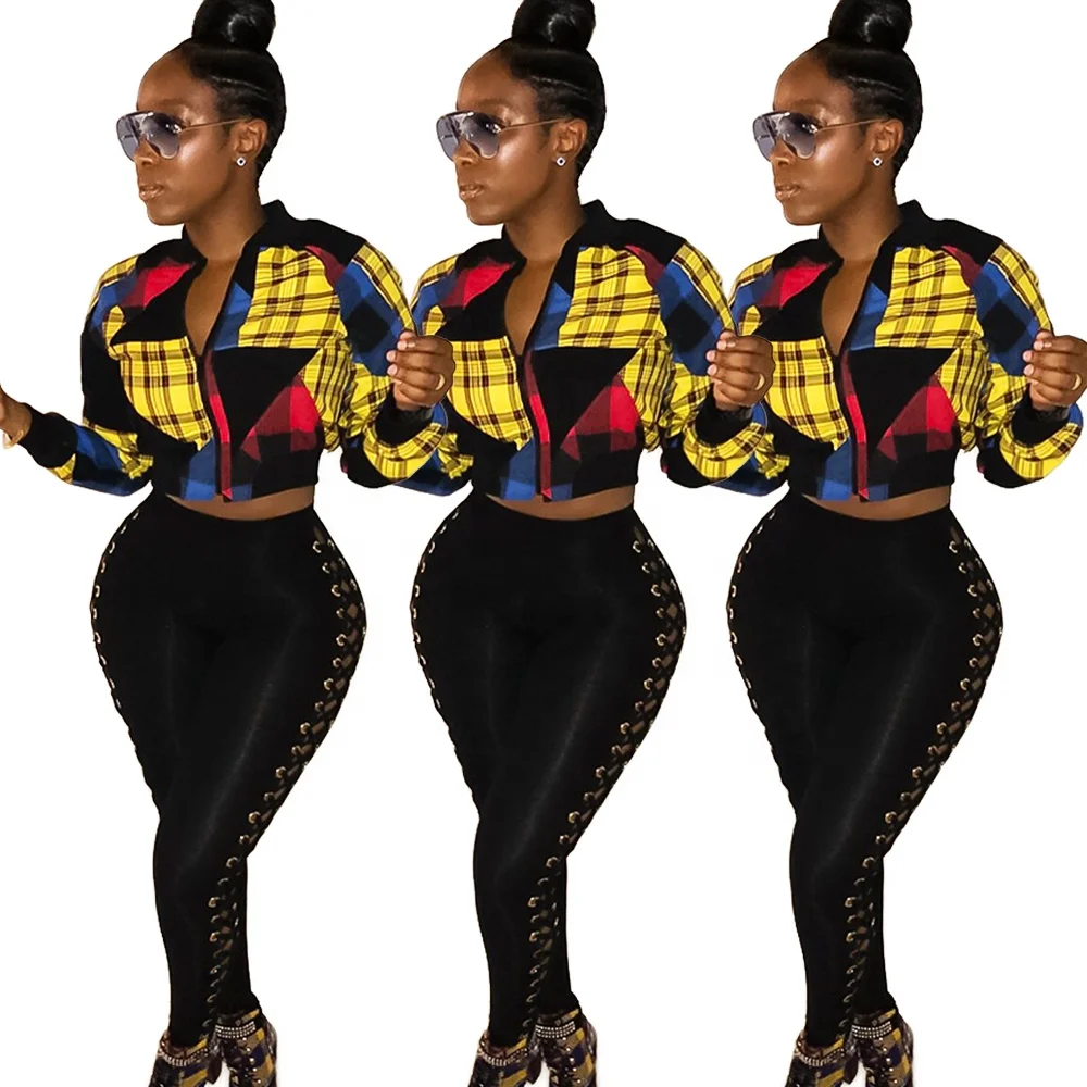 

KCM6065 fashion plus size colorful contrast color patchwork plaid women jacket