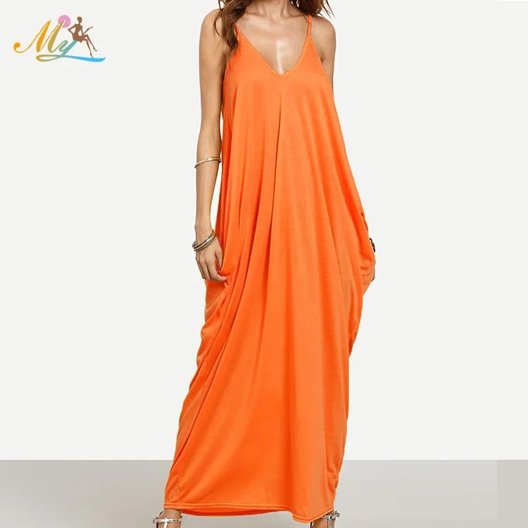 

Hot sale fashion Cotton Women Sexy Spaghetti Strap Maxi long Dress, Orange/pink/customerized color