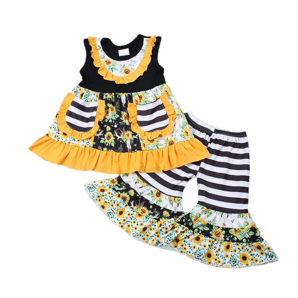 

Baby girls summer sunflower print sleeveless bare capris kids boutique 2pcs outfits clothes sets