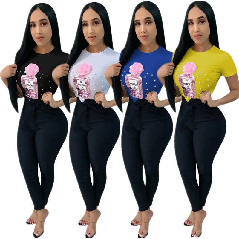 

Wholesale Wholesale YD924 fashion casual solid bead sequin women t shirt
