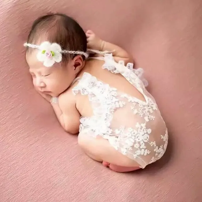 

Newborn Baby Girl Lace Headband and Romper Crochet Tieback Set Girl Baby Lace Pants Outfit Photography Props