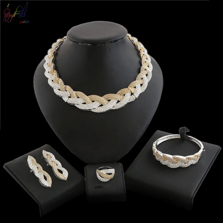 

Indian Big Choker Braided Dubai 22K gold plated Jewelry Set Two tone necklace