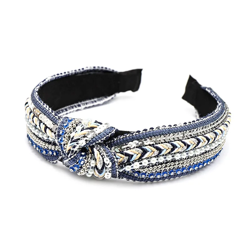 LRTOU Wholesale Custom Boho Handmade Weave Knot Plastic Hair Band Bead Crystal Stretchy Headband For Adult Women
