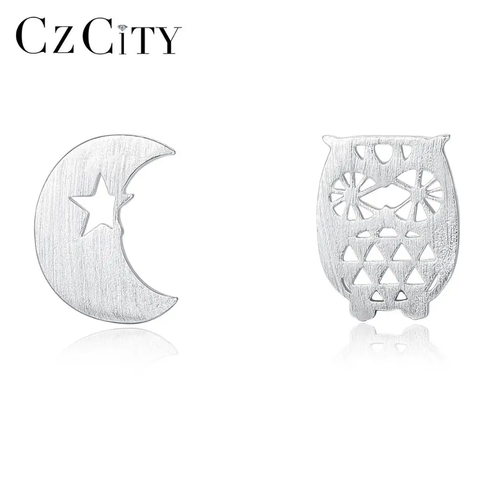 CZCITY Wholesale 925 Silver Owl Mens Botton Earrings Real Gold Plated Stud Earring Fashion Jewelry