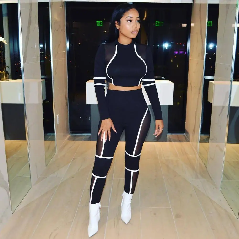 Ropa De Mujer Tracksuit Polyester Elastic Fly Long Sleeve Mid Patchwork Skinny Pants Two Piece Set Women Clothing