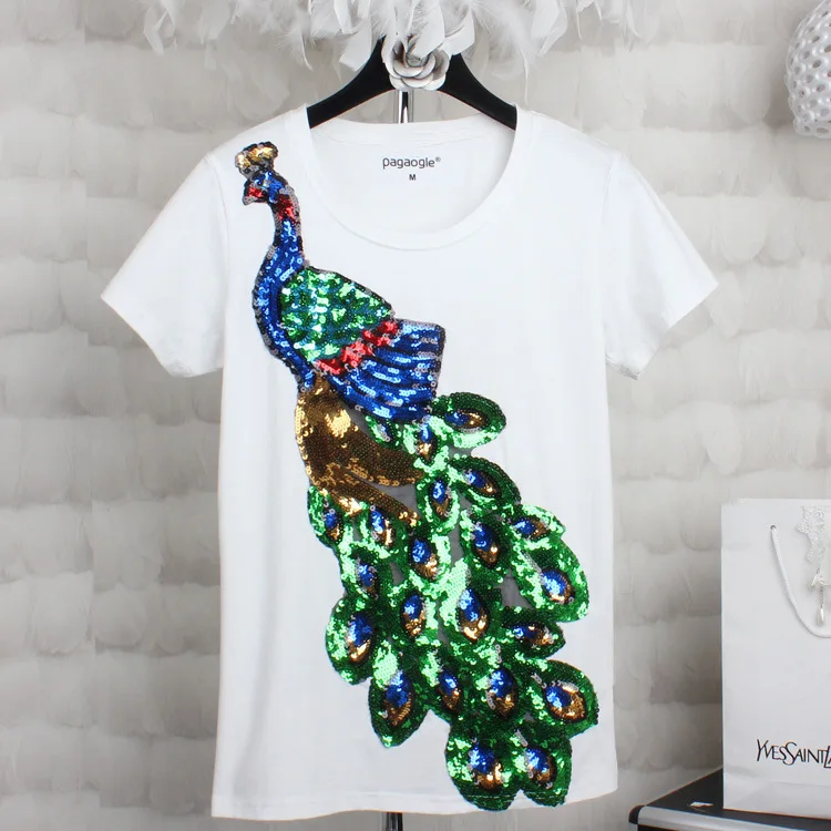 

2019 Noble Elegant T shirt Women Peacock Sequined Sequins T-shirt Womens Fashion New Top Tee Shirt Femmer Lady Sakura Clothes