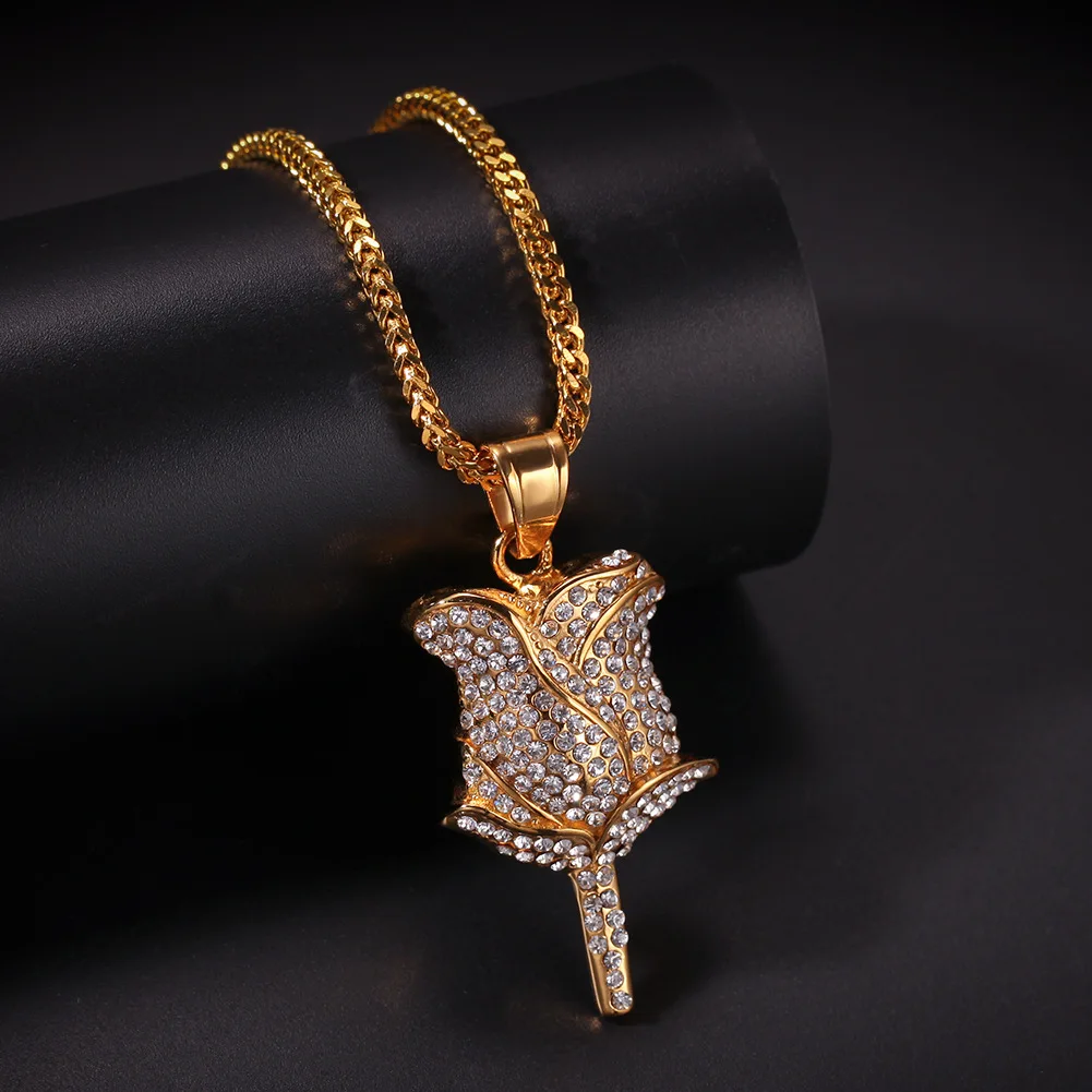 

Gold Rose Flower Petals Necklace & Pendant With cuban chain Silver Color Iced rhinestone women Men Hip hop Jewelry For Gift