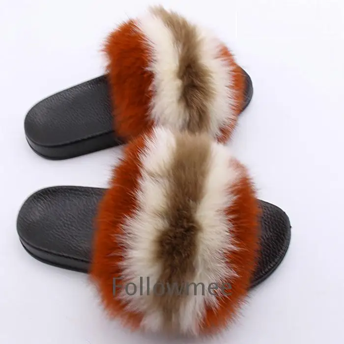 Women's Fox Fur Slippers Indoor Flat Warm Furry Slippers Outside Girls Plush Sandals Women Slides Flip Flops Big Size