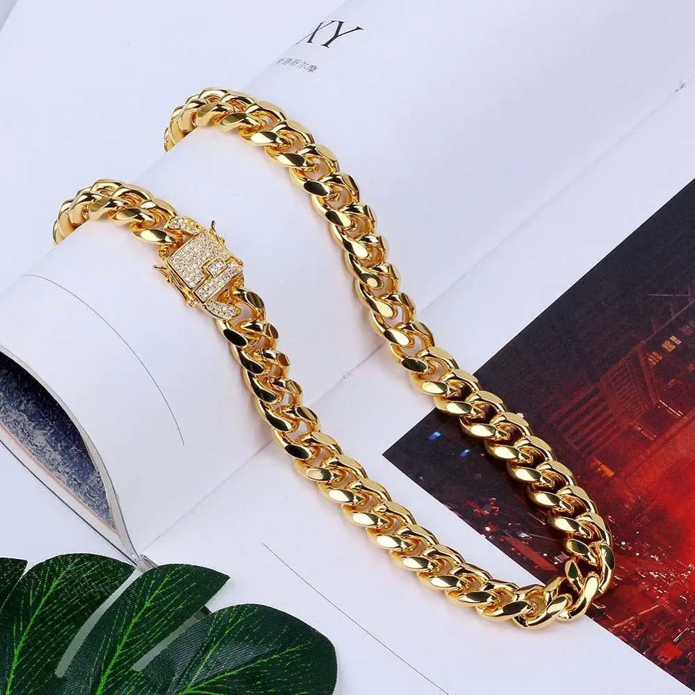 

18k gold plated 12mm cz clasp stainless steel miami cuban link chain necklace