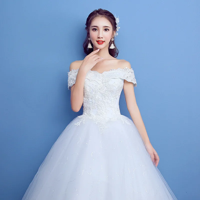 

2017 Hot Sale Elegant Flat Shoulder short Sleeve Floor Length White Lace Wedding Gown, White wedding gown