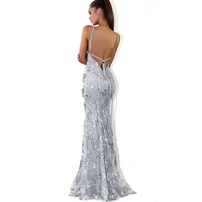 

wholesale sequin High-end Sexy Lace Bodycon Deep V-neck prom gowns evening long dress, White