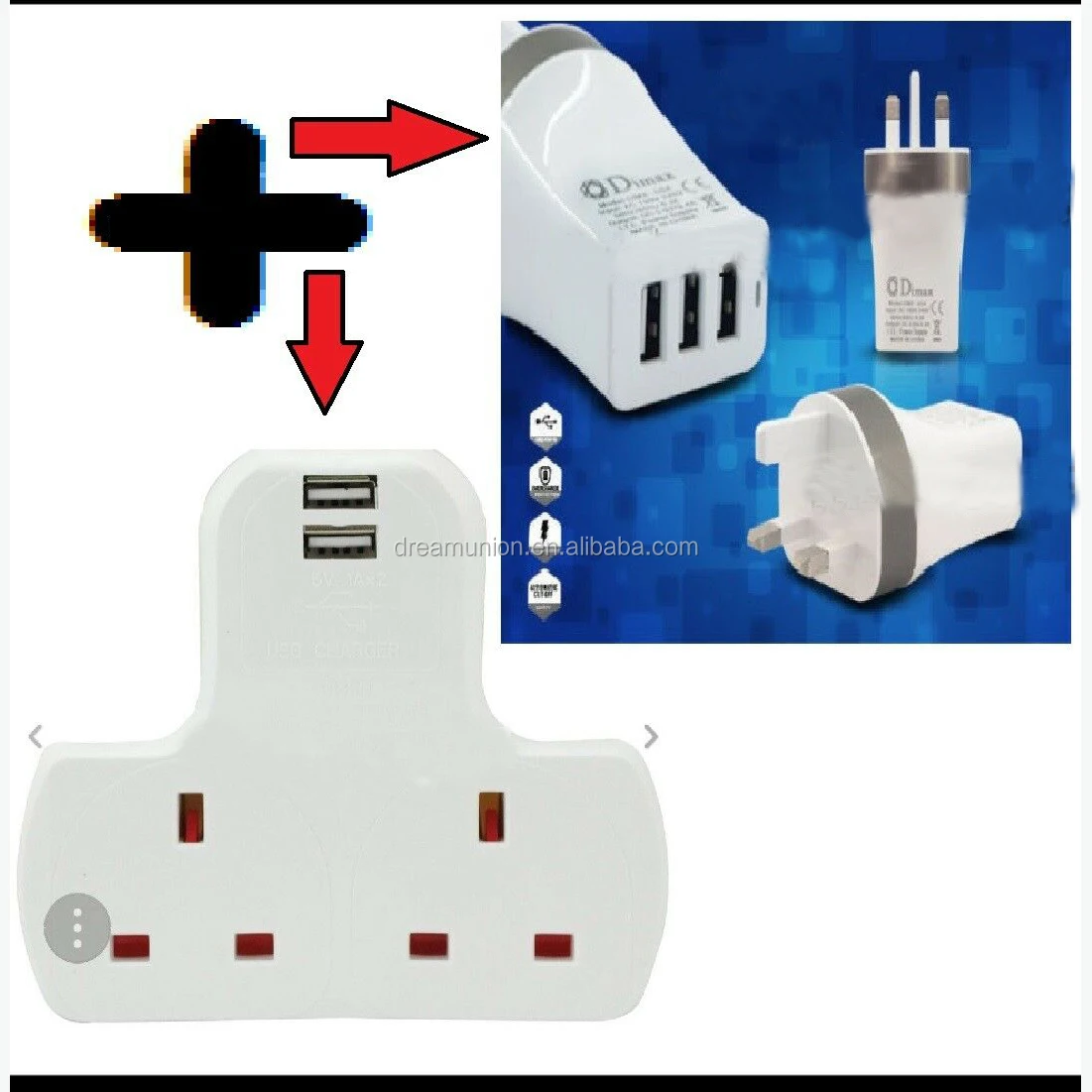 New 2 Way Gang Multi Wall Mains Plug Extension Adaptor With 2 USB Charge Ports 