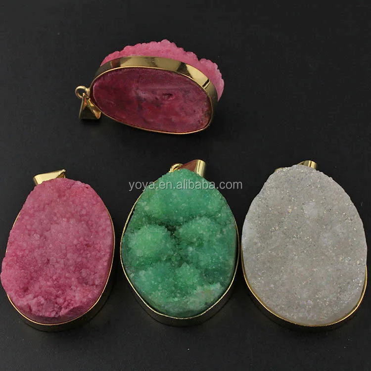 

JF6407 fashion sparkly shiny gold plated pink green white natural quartz druzy pendant,gold plated bezel druzy druzzy pendant