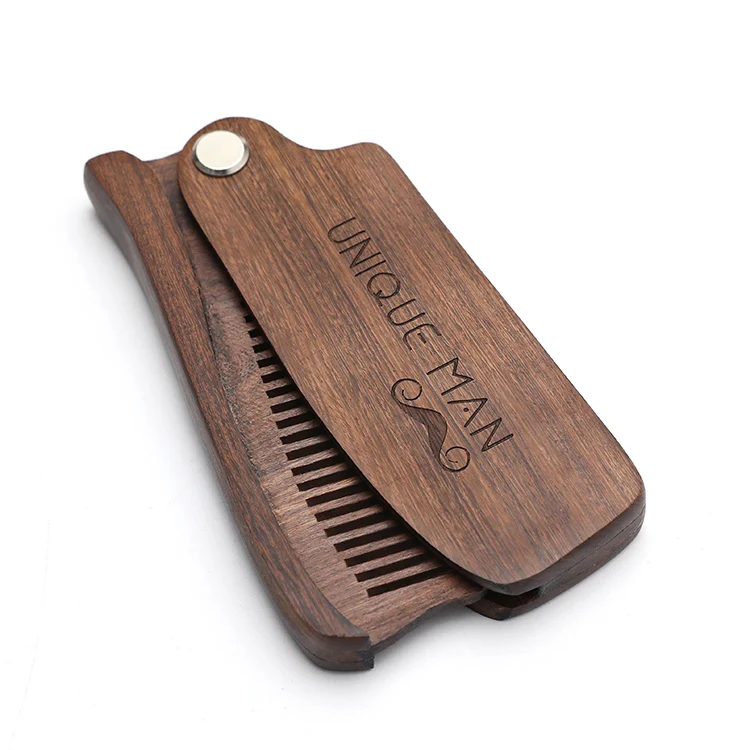 

Wholesale Custom Unique man wooden pocket beard comb portable folding moustache comb