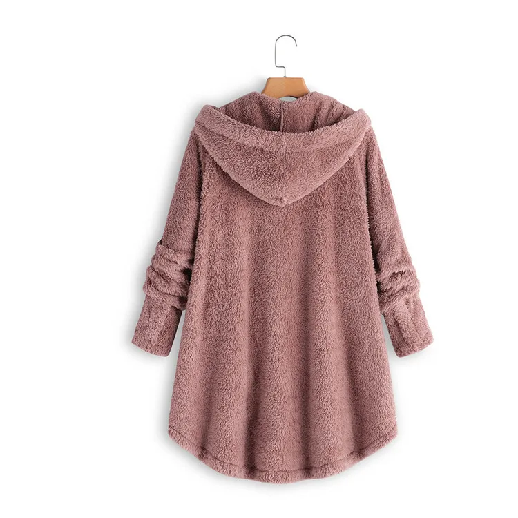 

2018 Hot Sale Solid Color Hooded Plush Button Coat, As pictures