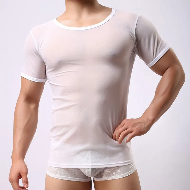 

Summer Fashion Brand Black Fishnet Transparent Man Sexy Cut-outs Fitness T Shirts Gay Grid Mesh Funny Shirt/Undershirt