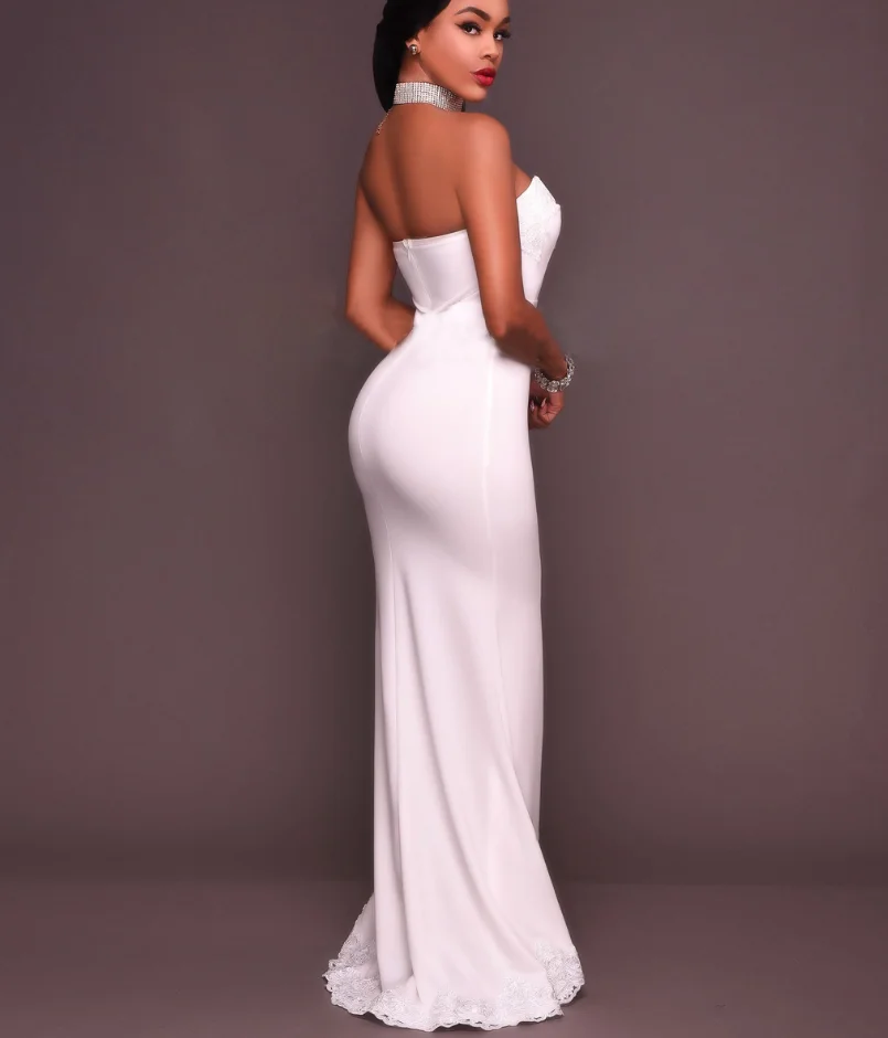 New High-end Dress High Slit Lace Prom Tube Dress Sleeveless Strapless White Front Slit Wedding Dress