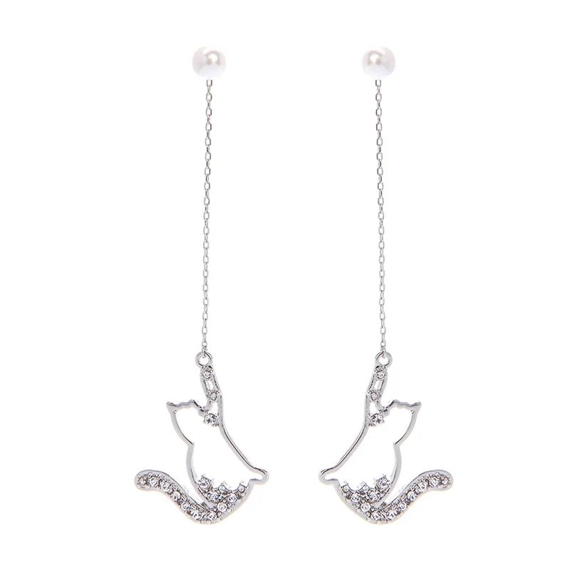 

ed02095d Korean Shinny Long Rhodium Silver Plated Cute Animal Dangle Crystal Pearl Chain Drop Earrings Cat Jewelry