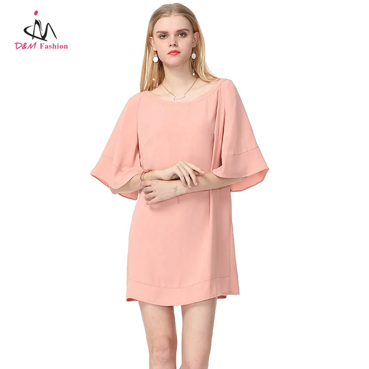 

Wholesale Femme Crew Neck Flare Sleeve Pink Loose Dress Cheap Half Sleeve Summer Casual Women Blank T-Shirt Dress