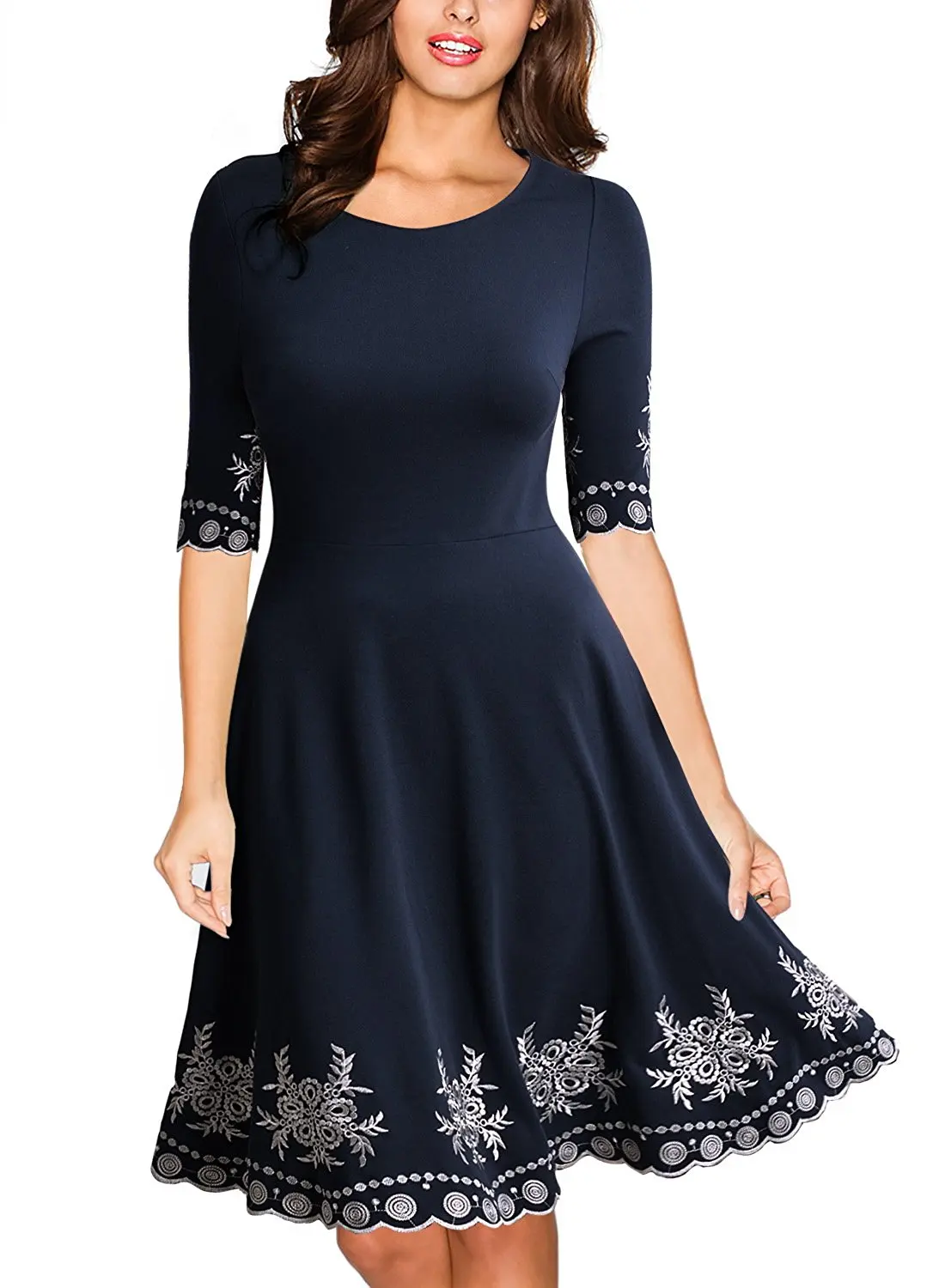 Miusol Women's Casual Scoop Neck Embroidered Party Swing Dress