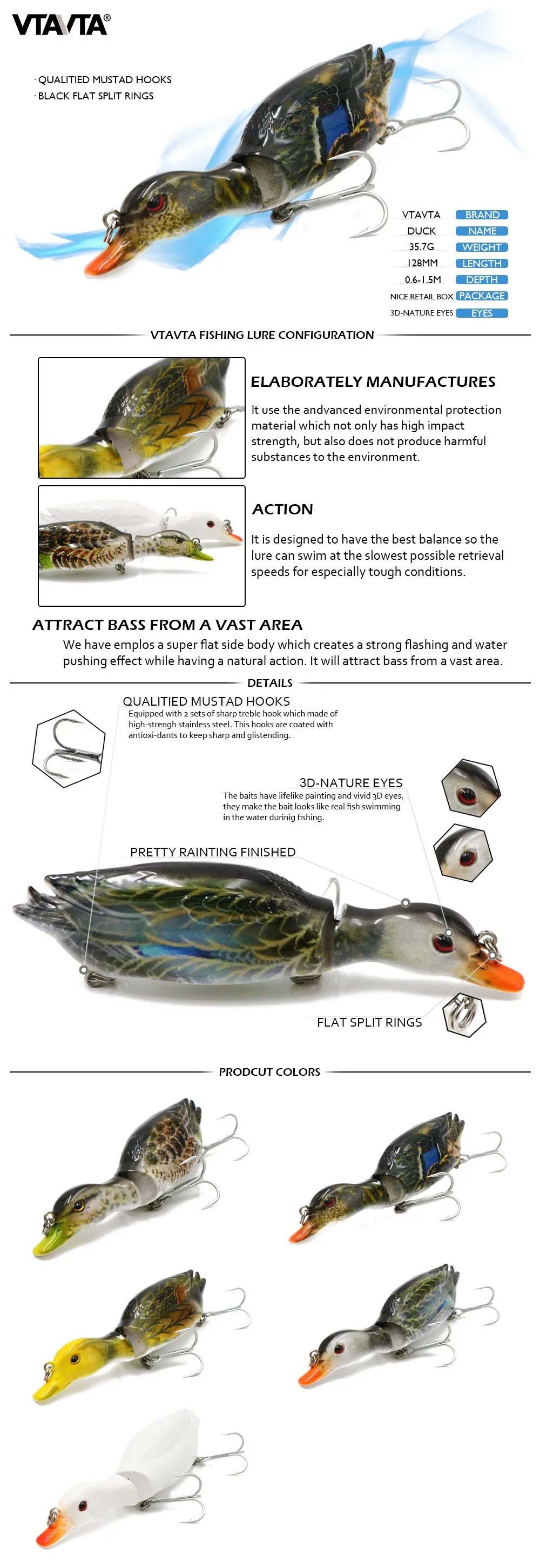 128mm 35.7g Jointed Duck Fishing Lures Set For Bass,Topwater Lures Duck