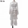 MOLI Elegant Women Black And White Polka Dot Dress Layered Long Dress Chiffon Maxi Dress Long Sleeve
