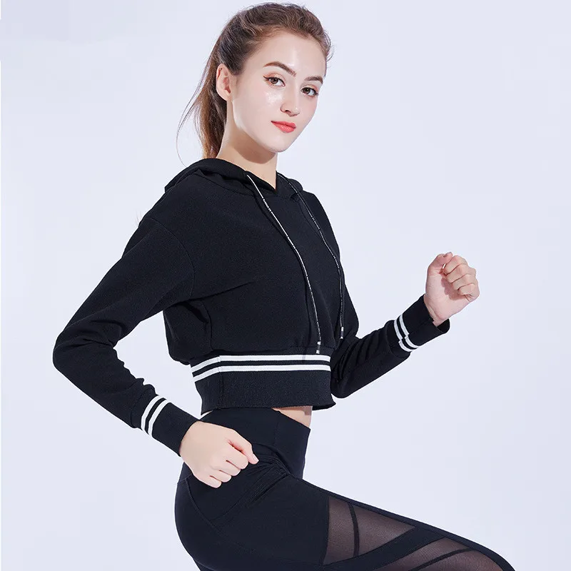 

2018 girl autumn new loose casual hooded sports shirt blouse female running yoga fitness clothing long sleeve shirt, Black