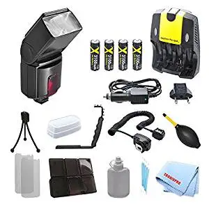Pro Series Dual Shoe Right Angle Flash Bracket With Horizontal /& Vertical Position For Canon T1i Professional TTL Swivel Flash T2i T5i SL1 10D with a Complete Starter Kit T5 T3 Home // Car Charger T4i T3i 4 Rechargeable AA Batteries