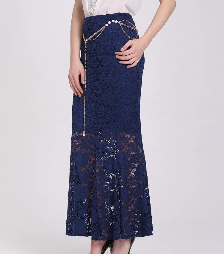 Casual Style Mermaid Designs Navy Blue Maxi Long Lace Skirts With Chain