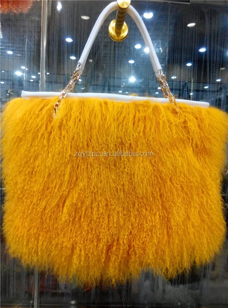 Wholesale Fashion Women Sheep Fur Tote Bags / Genuine White Lamb Fur Handbag