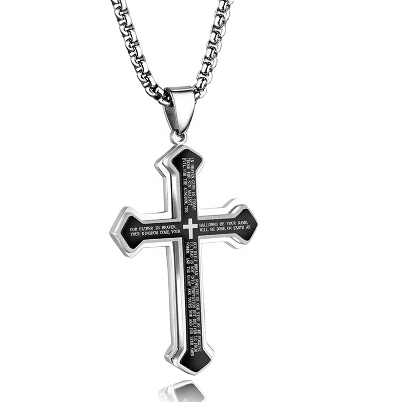 

Stainless Steel Rosary Cross Scripture Pendant Christian Bible Verse Faith Necklace For Men