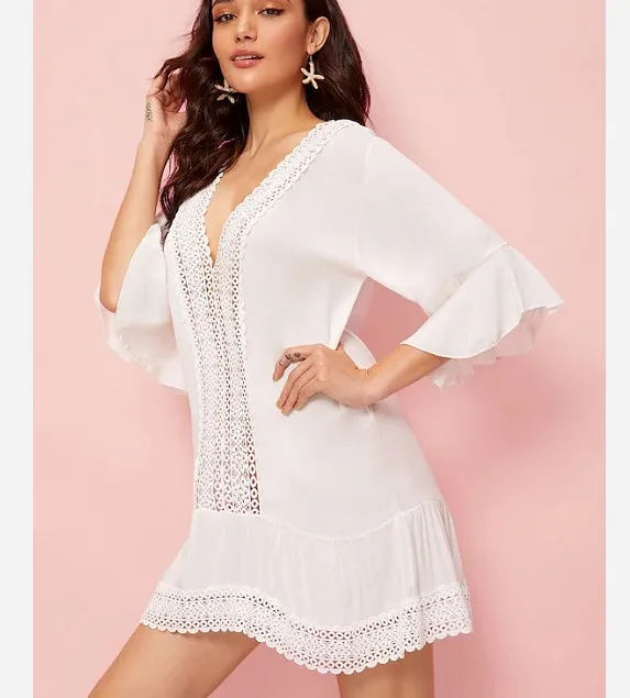 Best selling women's fashion white ruffle dress in the summer of 2019