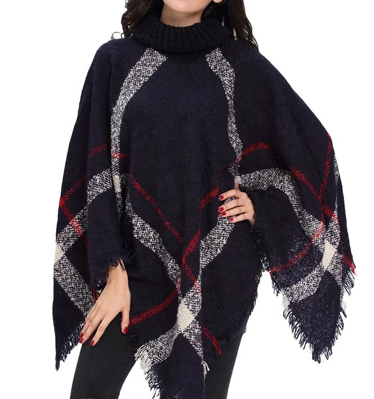 

2018 Plus Size Women's Wool Plaid Cardigan Turtleneck Cape Batwing Sleeve Knit Poncho Sweater
