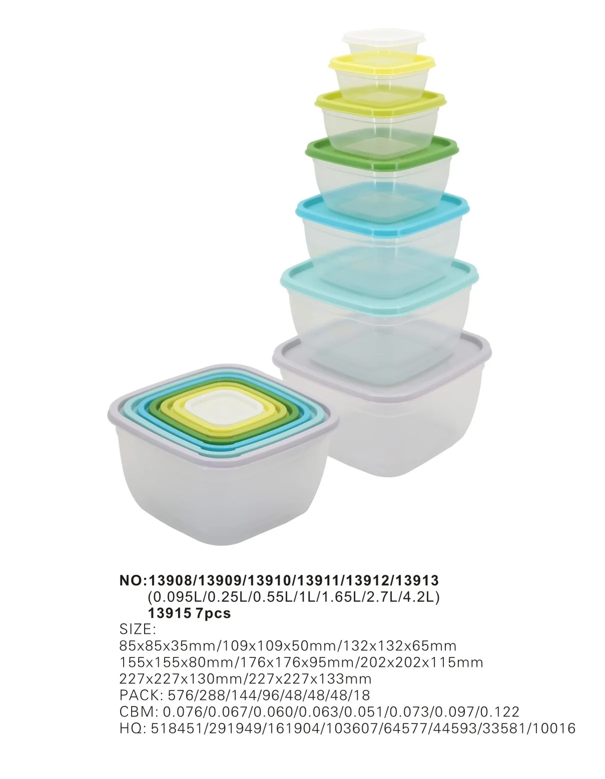 HaiXin Food Grade Plastic Clear Stackable 7in1 Square Freshness Storage