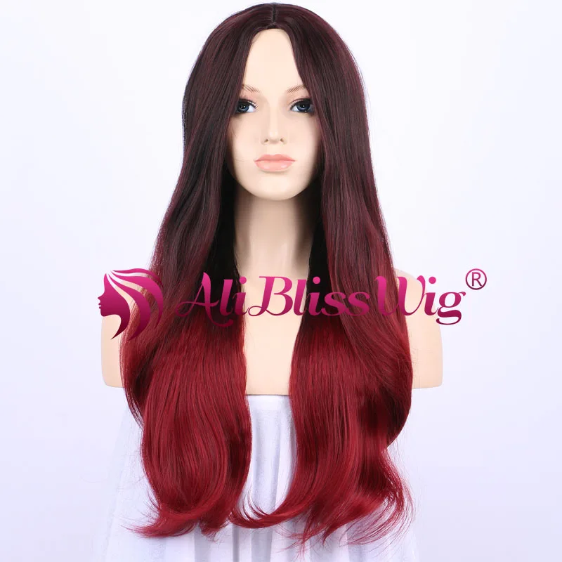 

22 Long Wavy Middle Part Heat Friendly Fiber Hair Synthetic Machine Made None Lace Full Wig Two Tone Ombre Black&Red Wig